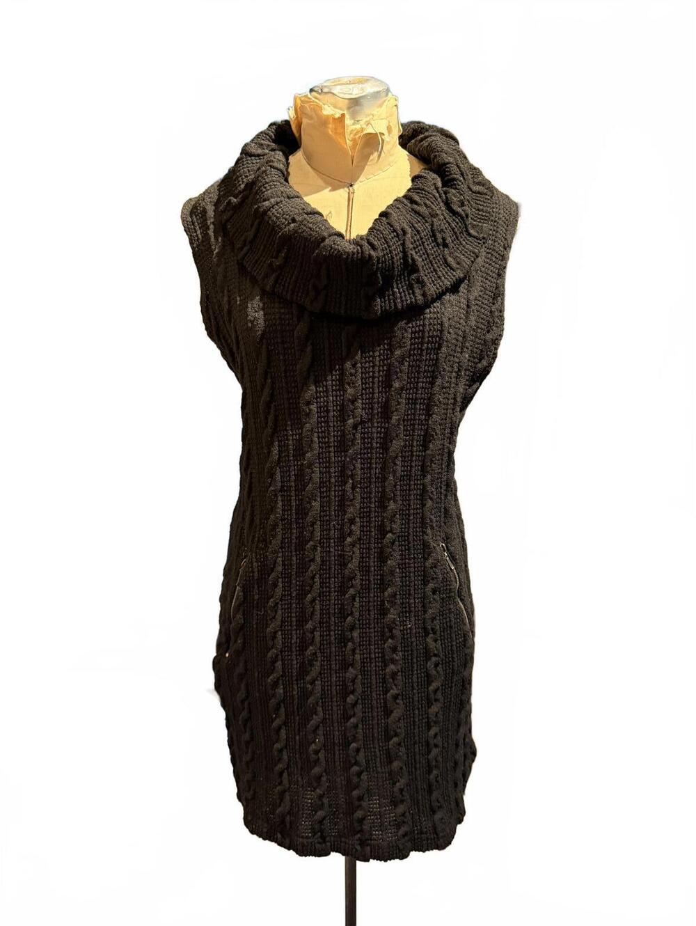 Mine Black Cable Knit Sleeveless Sweater Dress with Cowl Neck